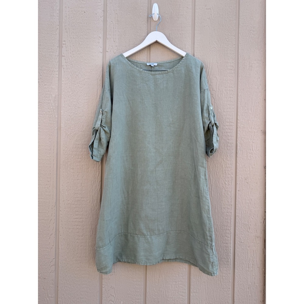 Rosemarine M Linen Tunic Dress Coastal Sage Green Italy Roll Tab Sleeve